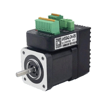 Integrated Step Servo Motor System with 0.48 Nm output and 1000 line encoder closed loop, shown in compact design, product side view.