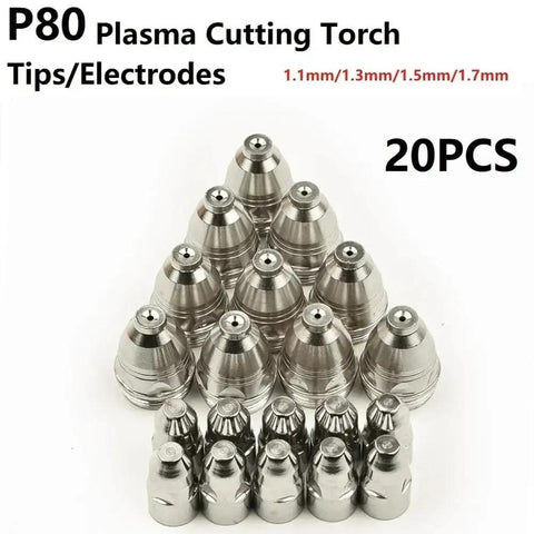 Premium 20 Pc P80 Plasma Cutter Electrodes Nozzles And Tips For CNC Machines With Copper Shield High Conductivity 1.7mm Thick Cutting Torch Consumables That Last in a set of 20 tips