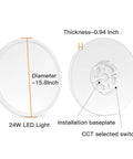 Dimensions and features of Slim Flush Mount LED Ceiling Light 15.8 Inch Dimmable 24W Panel with installation baseplate and switch.