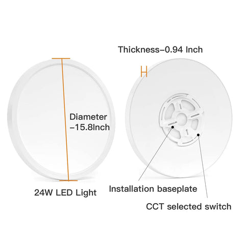 Dimensions and features of Slim Flush Mount LED Ceiling Light 15.8 Inch Dimmable 24W Panel with installation baseplate and switch.
