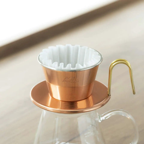 Copper pour-over dripper with Wave Paper Coffee Filters For Pour Over Drippers Large Size 185 100 Count Made In Japan White