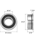 Front and side view of Flanged Ball Bearing One Quarter By One Half By Three Sixteenths Inch Tough Double Sealed Chrome Steel FR188-2RS Rubber Sealed Flange Bearing Set Four Pieces, 1/4 inch x 1/2 inch x 3/16 inch with 13.9 mm flange
