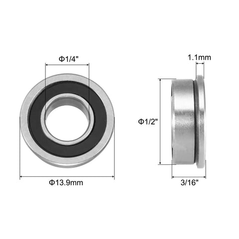 Front and side view of Flanged Ball Bearing One Quarter By One Half By Three Sixteenths Inch Tough Double Sealed Chrome Steel FR188-2RS Rubber Sealed Flange Bearing Set Four Pieces, 1/4 inch x 1/2 inch x 3/16 inch with 13.9 mm flange