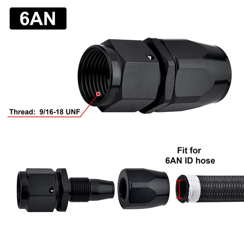 6AN Straight Swivel Hose End Fitting for CPE Braided Hose Black 8 Pack Aluminum 6061-T6 7/8-14 UNF Thread Fits Stainless and Nylon Braids High Flow Performance 6AN fitting, 9/16-18 UNF thread, black aluminum