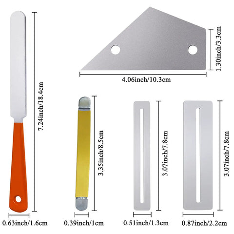 All In One Pro Grade Guitar Luthier Tool Kit dimensions showing fret rocker and fingerboard guards