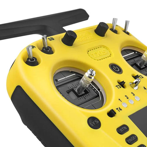 Close-up of yellow TX15 V5 ELRS 16CH 2.4G Hall Gimbals ExpressLRS 3.5 Inch IPS Screen OpenTX EdgeTX Compatible Remote Controller