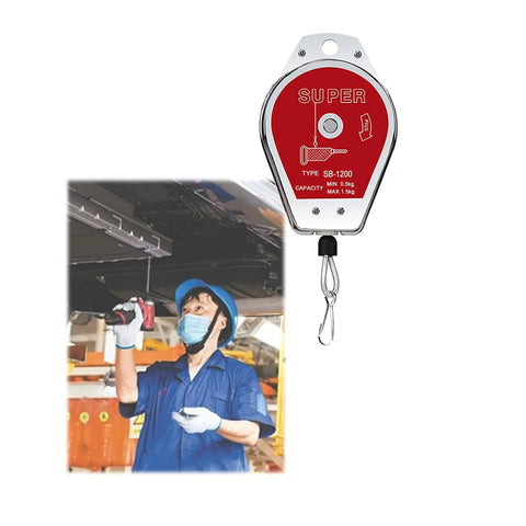 Heavy Duty Retractable Spring Balancer With Stainless Steel Housing And Rubber Sleeve, 5kg tool holder in use for workshop tasks.