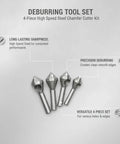 4 Piece Pro Grade High Speed Steel Deburring Tool Kit For Metal Holes And Sheet Metal Edges Chamfer Cutter Set displayed