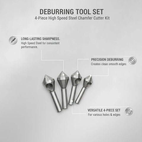 4 Piece Pro Grade High Speed Steel Deburring Tool Kit For Metal Holes And Sheet Metal Edges Chamfer Cutter Set displayed
