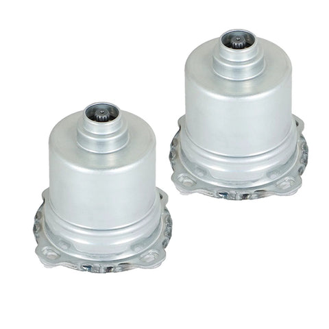 Two silver clutch actuator units for automatic transmission with mounting flanges, front view