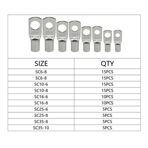 Premium 100Pcs Electrical SC Terminals Lug Tube Ring Seal Battery Wire Connectors Cable Crimped Terminal Kit For Trucks Cars And Vans, SC6-8 to SC35-10 sizes