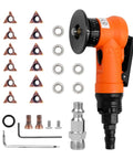 Orange handheld pneumatic chamfering tool with interchangeable carbide triangle cutters and assorted fittings.