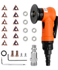 Heavy Duty Pneumatic Chamfering Tool With Fast 30K RPM Speed For Precision Metal Deburring And Edge Trimming Adjustable Depth Control For Sleek Arc Corners and Linear Bevels Easy Handling Orange Finish and accessories.