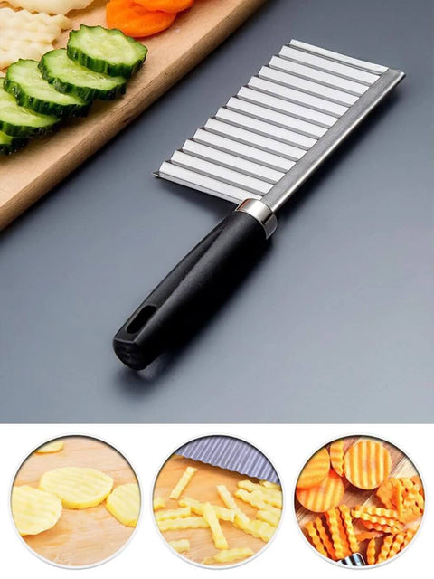 Angled side view of crinkle cutter knife with black handle and stainless steel wavy blade for slicing potatoes and vegetables.