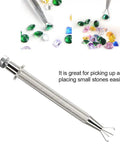 Pro Grade Four Prong Bead Picker Tool Stainless Steel Prong Holder Claw Tweezers next to colorful beads for jewelry making