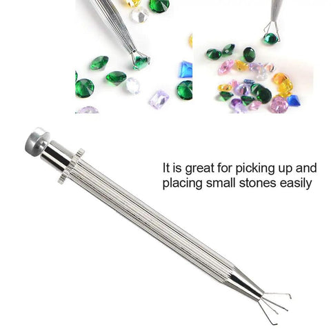 Pro Grade Four Prong Bead Picker Tool Stainless Steel Prong Holder Claw Tweezers next to colorful beads for jewelry making