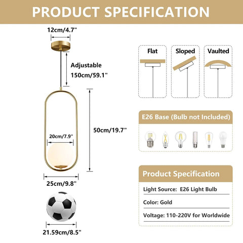 Modern One Light Globe Pendant With White Milk Glass Shade In Brushed Brass Finish For Kitchen Island specifications diagram