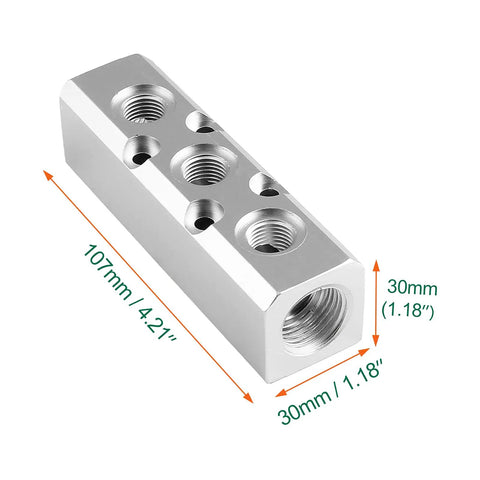 Rock Solid Aluminum 3 Way Pneumatic Manifold Air Distribution Block With No Fuss Quick Connect Fittings Dual Inlets Triple Outlets For Precision Compressed Air Systems, silver aluminum block side view with measurements displayed.