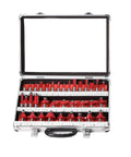 Heavy Duty 35 Piece Router Bit Set With 12mm Shank Tungsten Carbide Bits in a sturdy case, ideal for trimming and chamfering.