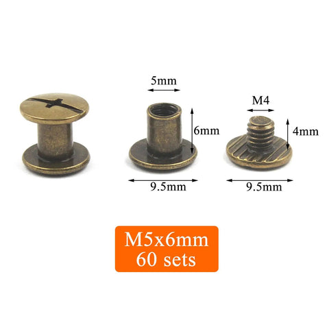Hardened Bronze Chicago Binding Screw Pack Loaded For Leather Work And Notebook Crafting With Clean Flat Heads And Reliable Threads For Your Everyday Maker Grind, showing M5x6mm screws in three angles.