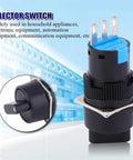 Universal Rotary Changeover Switch 16mm Panel Mount Cam Selector Latching Push Button Switch visible with black body and blue terminals.