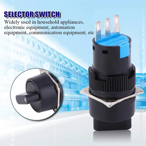 Universal Rotary Changeover Switch 16mm Panel Mount Cam Selector Latching Push Button Switch visible with black body and blue terminals.