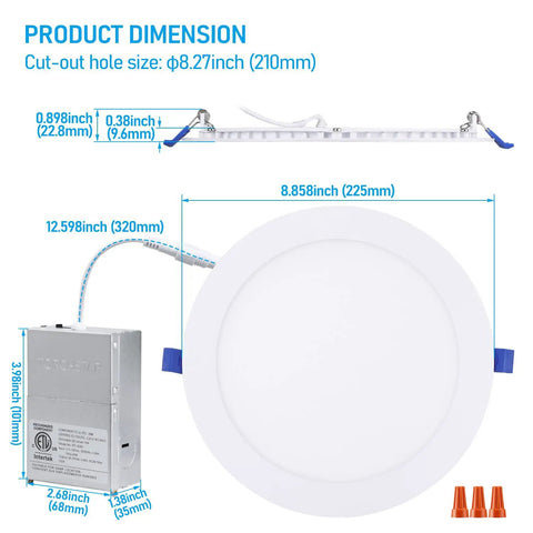 Ultra Thin 8 Inch LED Recessed Downlight With Junction Box, 5CCT Selectable dimension diagram with junction box, pack of 6.