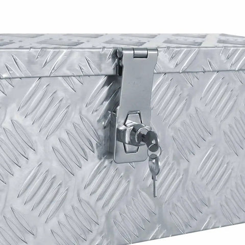 Close-up of Built Tough Aluminum Tool Box With Locking System And Two Keys Lightweight Corrugated Aluminum Storage Chest