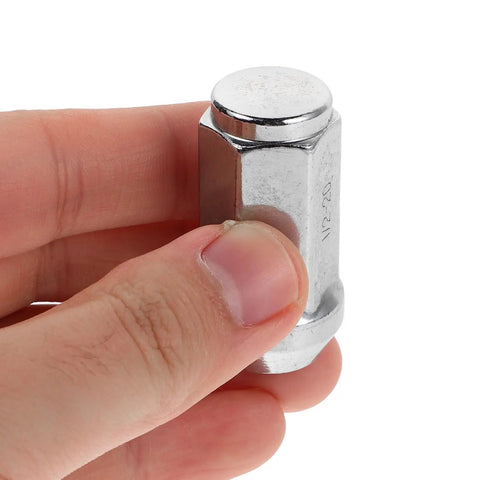 Chrome Plated Steel Wheel Lug Nuts For Rv And Car Hubs Super Easy Install Closed End Replacement Kit With Polished Stylish Finish To Upgrade Ride Style, chrome lug nut close-up in hand