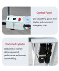 Control panel and thickened cylinder of Heavy Duty Battery Powered Hydraulic Lift Table With Slide Rails For Trucks And Garages Offers 1100 Lb Capacity Zero Assembly Needed For Solo Workers To Load Cargo Safely And Effortlessly With Instant Electric Power And Comfort.
