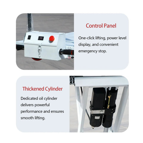 Control panel and thickened cylinder of Heavy Duty Battery Powered Hydraulic Lift Table With Slide Rails For Trucks And Garages Offers 1100 Lb Capacity Zero Assembly Needed For Solo Workers To Load Cargo Safely And Effortlessly With Instant Electric Power And Comfort.