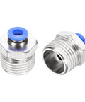 2 Pack Push To Connect Fittings For Air Line 1/2 Inch NPT Male Straight Nickel Plated Brass Quick Connect Adapter 0.24 Inch Tube OD Blue Pneumatic Fittings For Factory Systems, showing two fittings.