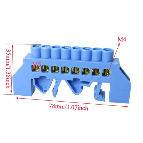 8-Position DIN Rail Screw Terminal Block With Brass Terminals And Copper Contacts Grounding Strip Bottom Seat Snap-In Mount 78 mm Long