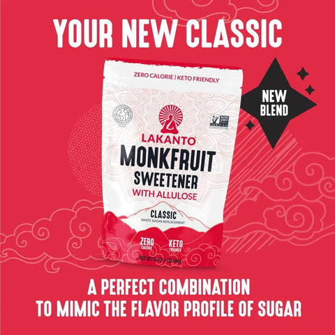 Monk Fruit Sweetener With Allulose Bulk White Sugar Substitute For Baking And Cooking, The Real Deal Low Calorie Sugar Alternative That Replaces Sugar In Recipes, Keeps Baked Goods Moist, Zero Calorie, Bulk 20 Kg packaging on red background