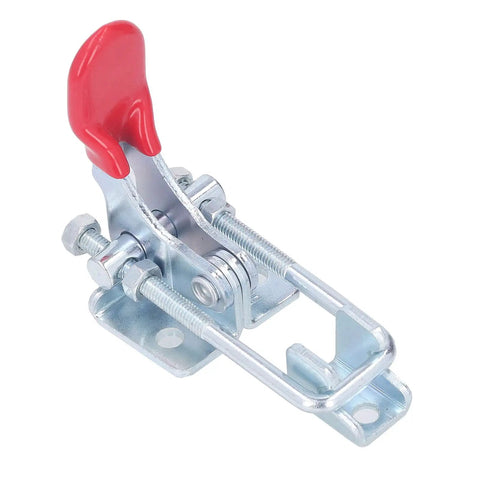 Heavy Duty Toggle Latch Clamp With Adjustable Tension Clasp For Woodworking And Cabinets Offers Insane 320KG Holding Capacity Made From Hot Rolled Steel In Sleek Red And Silver Color, red handle