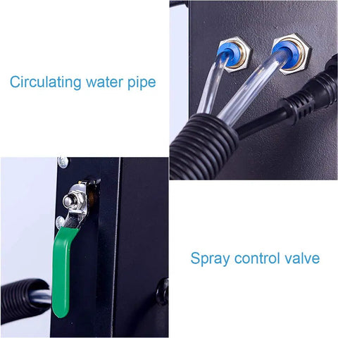 Industrial Mist Spray Fan With Adjustable Height And Three Speed Settings Knocking Out Summer Swelter showing spray control valve and circulating water pipe.