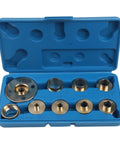 Straight Shooter Acrylic Router Base Plate With Dead On Centering Pin And Ten Piece Brass Guide Bushing Set for routing kit in blue case.