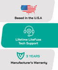 Infographic showing USA-based support, lifetime LiteFuze tech support, and 3-year manufacturer's warranty for 1000 Watt Voltage Converter Transformer.