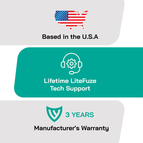 Infographic showing USA-based support, lifetime LiteFuze tech support, and 3-year manufacturer's warranty for 1000 Watt Voltage Converter Transformer.