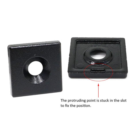 Close-up of black aluminum T-slot end cap brackets showing protruding point for 10 Pack Aluminum Extrusion T Slot End Cap Brackets For 10 By 10 And 25 Series