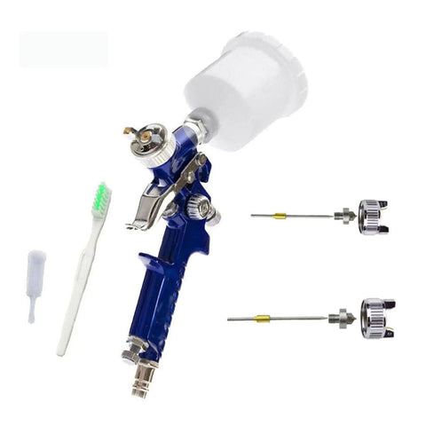 Lightweight Aluminum Pneumatic Paint Sprayer With Mixing Cup For Vehicles And Home Projects showing details of the gun and accessories.