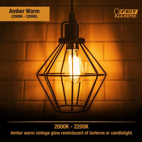 Vintage Exposed Filament LED ST19 Bulb With Clear Glass And E26 Base creating warm amber glow in geometric fixture
