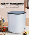 Portable 4.5L Mini Washer With 24W 12V Power in room with toys and basket, Compact Blue Light Spin Washer for apartment living.
