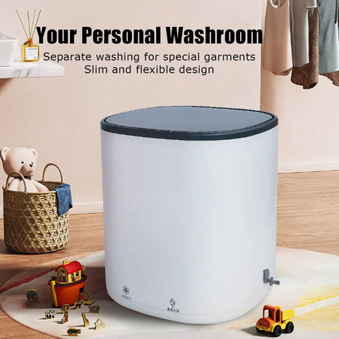 Portable 4.5L Mini Washer With 24W 12V Power in room with toys and basket, Compact Blue Light Spin Washer for apartment living.
