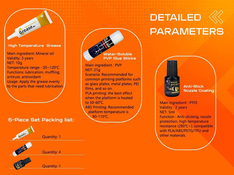 Front view of a 3D printing tool kit (6-piece) infographic with grease, glue sticks, nozzle coating on orange background.