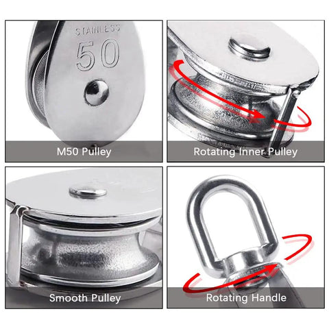 M50 Single Pulley Blocks Two Pack Beefy Heavy Duty Stainless Steel Roller Crane Pulley Accessories, swivel details