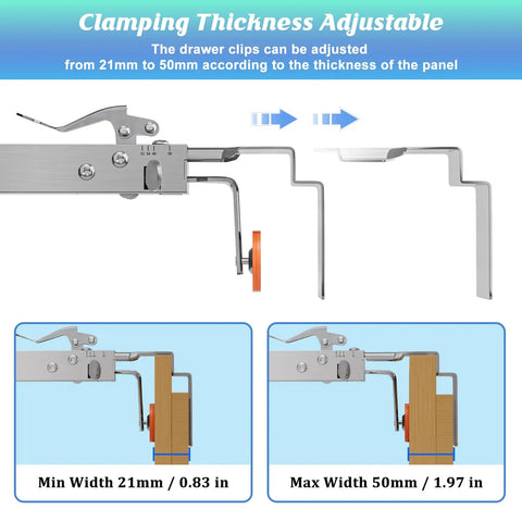 2 Pack Adjustable Drawer Front Installation Clamps Lock Down Cabinet Hardware Alignment Jig showing adjustable clips from 21mm to 50mm.