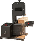 Pro Level Benchtop Bandsaw Pumping 800 Watts For Quick 70 mm Resaw Cuts Through Dense Wood Acrylic And Foam With A Zero Sweat Tilting Fence And Bull Strong Steel Table Base, showing wood cutting process.