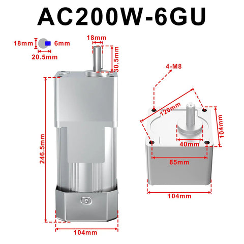 Detailed diagram showing dimensions of High Torque AC Gear Motor With Low Speed 15 RPM 110V 200W 18mm Shaft Diameter One To Ninety Reduction