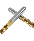 Front view of two carbide end mills, titanium-coated with gold 4-flute tips and silver shanks, 5/16 in shanks